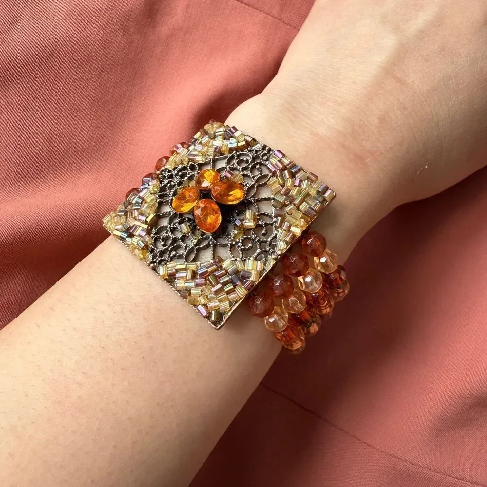 Y2K Multi-stranded Bracelet with a faux Amber Glass, Gems Statement Pendant